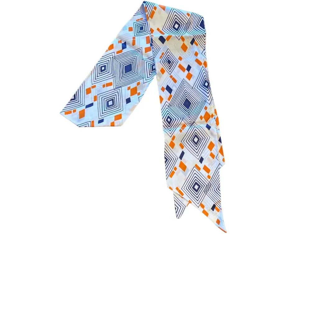 Vintage 1960s‎ Acetate Geometric Long Headscarf Scarf White Orange Blue